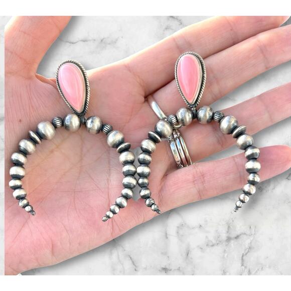 HUGE Sterling Silver Pink CONCH Sterling Pearls Naja Hoop Earrings Southwestern - Picture 1 of 5